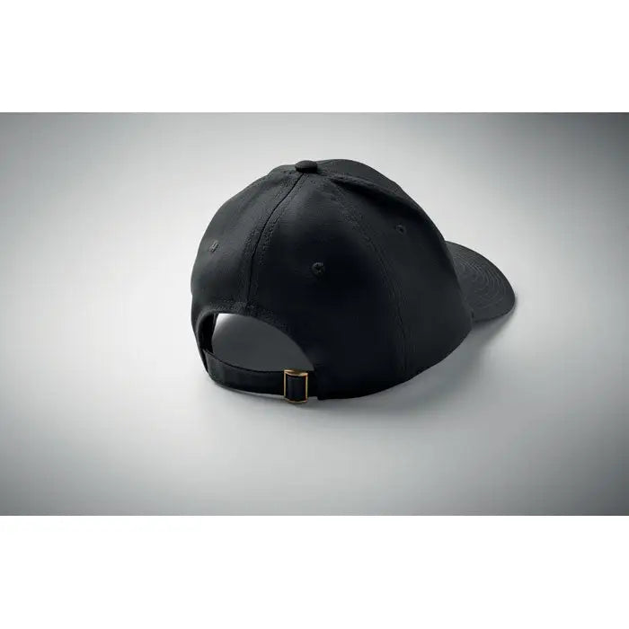 Sapca de baseball din bumbac neagra cu 6 panouri si catarama aurie detaliata cu cusaturi vizibile