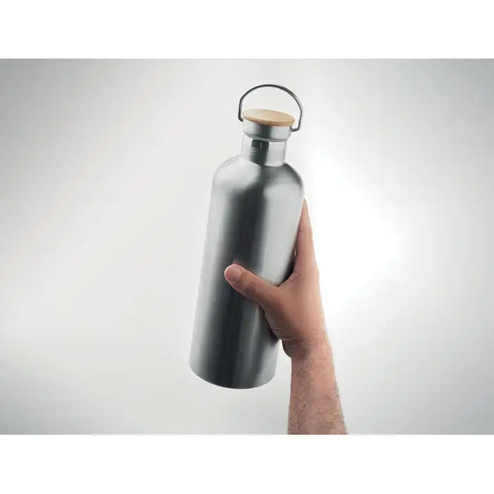 Balon cu perete dublu 1,5l sticla de apa din inox argintiu cu capac din lemn si maner metalic pentru transport