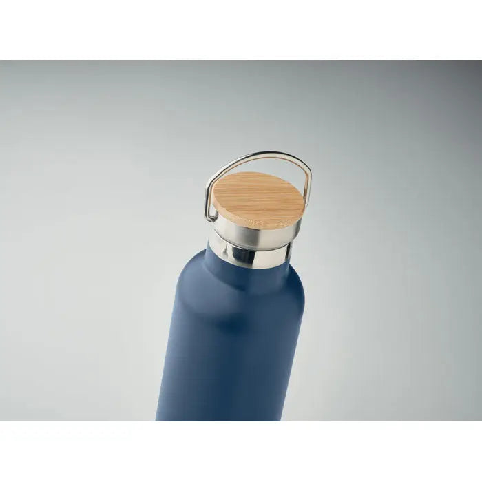Balon cu perete dublu 750ml sticla de apa albastra mata cu capac din bambus si maner din otel inoxidabil