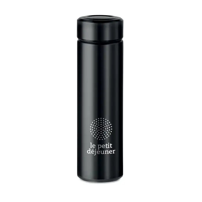 Balon cu perete dublu de 425 ml negru izolant cu design cilindric si logo le petit déjeuner alb pe capac negru