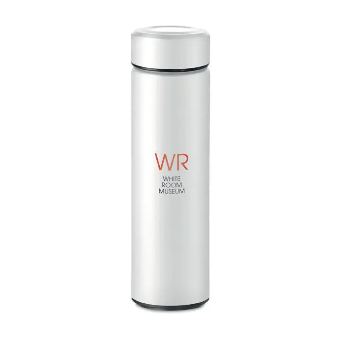 Balon cu perete dublu de 425 ml sticla termoizolanta argintie cu design cilindric si logo wr white room museum portocaliu si negru