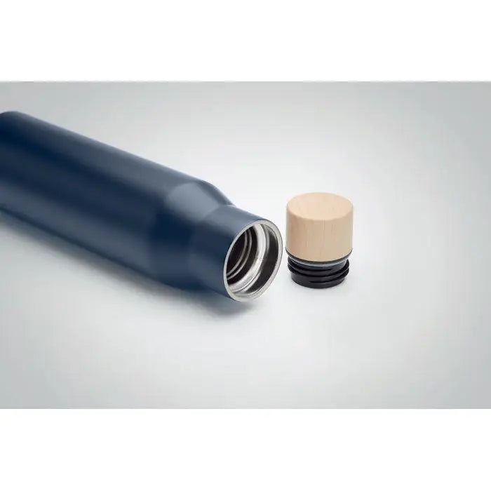 Balon cu perete dublu de 500 ml sticlă termică albastru închis cu capac finisaj lemn deschis