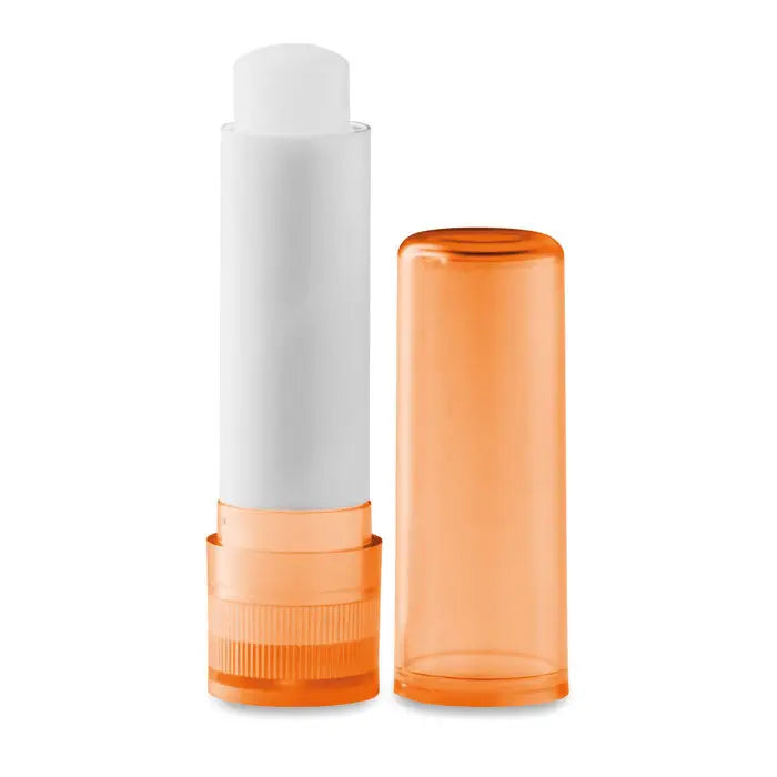 Balsam de buze în tub portocaliu translucid din plastic cu stick și capac alb pentru hidratarea buzelor