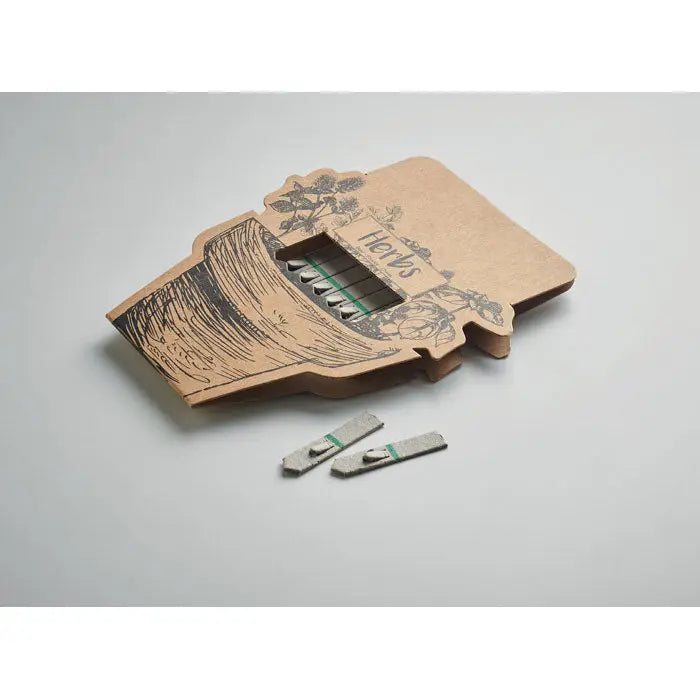 Organizator maro din carton pentru plante aromatice cu ilustratii negre si doua inserții gri de piatra betisoare de seminte de ierburi