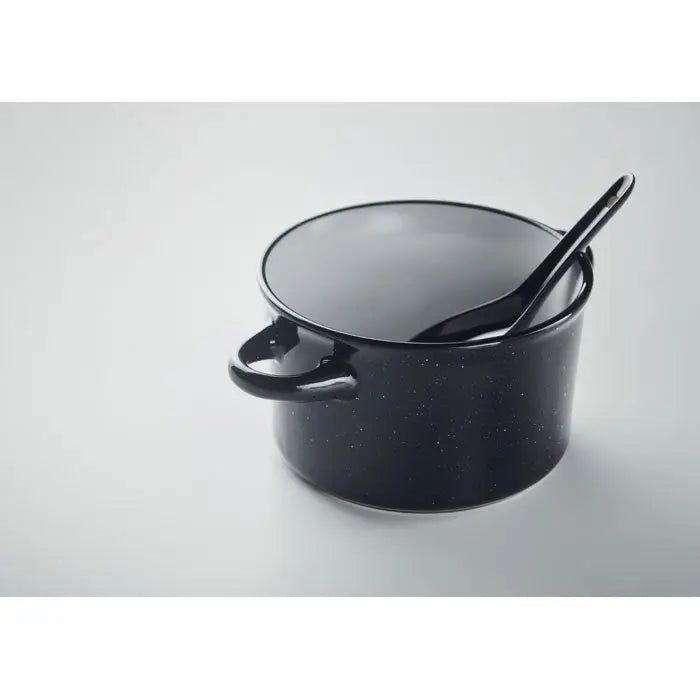 Bol ceramic vintage 550 ml din email negru cu pete si lingura asortata pe interior