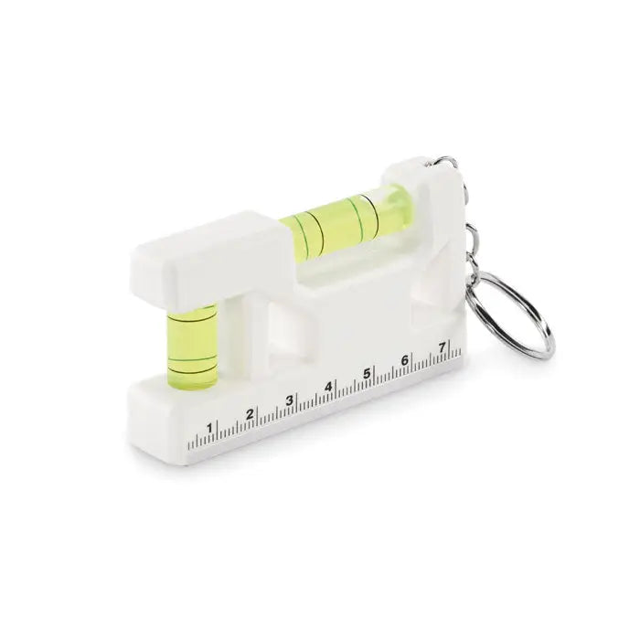 Breloc alb din abs cu nivel magnetic incorporat si rigla integrata pentru masurare precisa