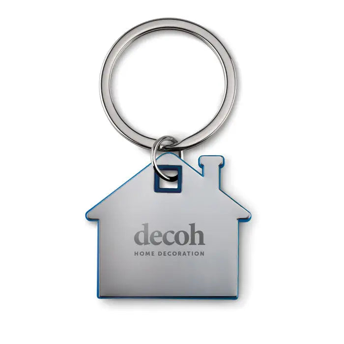 Breloc din plastic in forma de casa argintiu cu bordura albastra si text gravat decoh home decoration