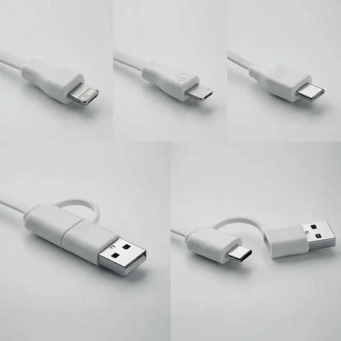 Breloc si suport din bambus cu cablu usb alb multifunctional lightning micro-usb si type-c