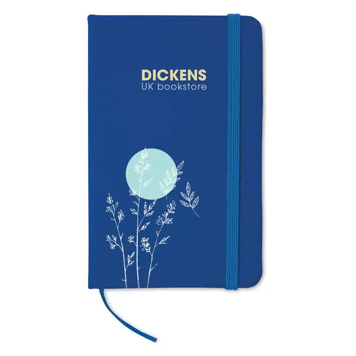 Caiet a6 cu 96 coli randuite, copertă albastră tare cu ilustrație botanică albă și design circular bleu, brand dickens uk bookstore