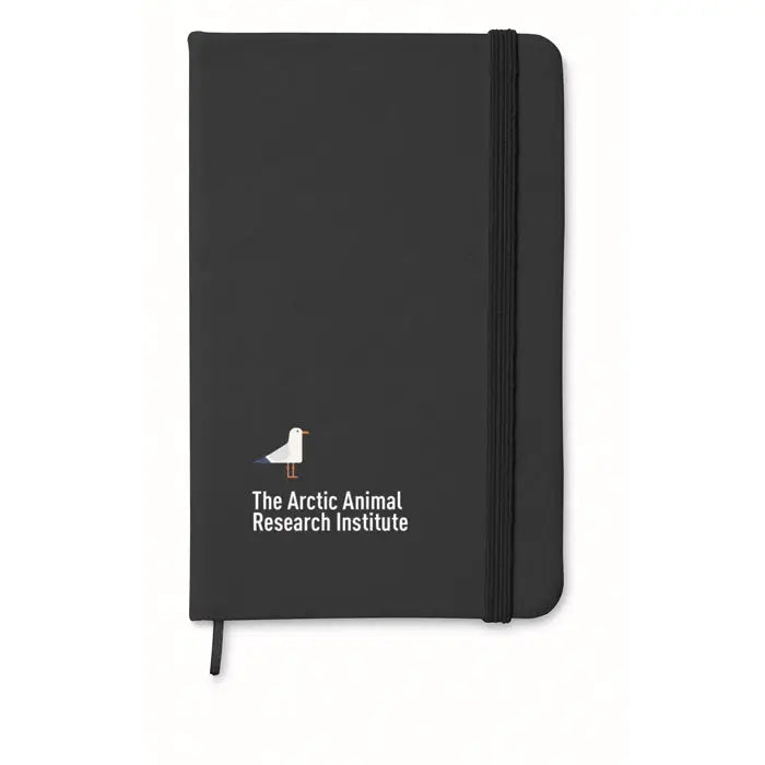 Notebook negru a6 cu 96 coli randuite si logo alb cu text the arctic animal research institute pe coperta