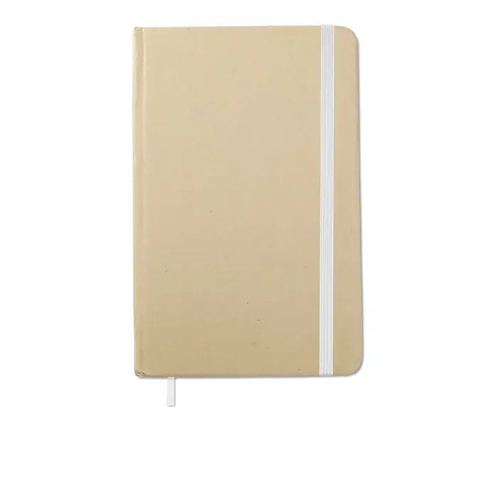 Caiet a6 reciclat cu coperta tare bej, elastic alb si semn de carte asortat, 96 file simple
