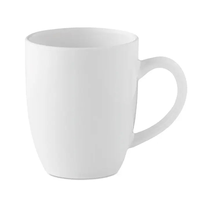 Cana ceramica de 300 ml alba cu finisaj lucios neted si maner rotund simplu din ceramica