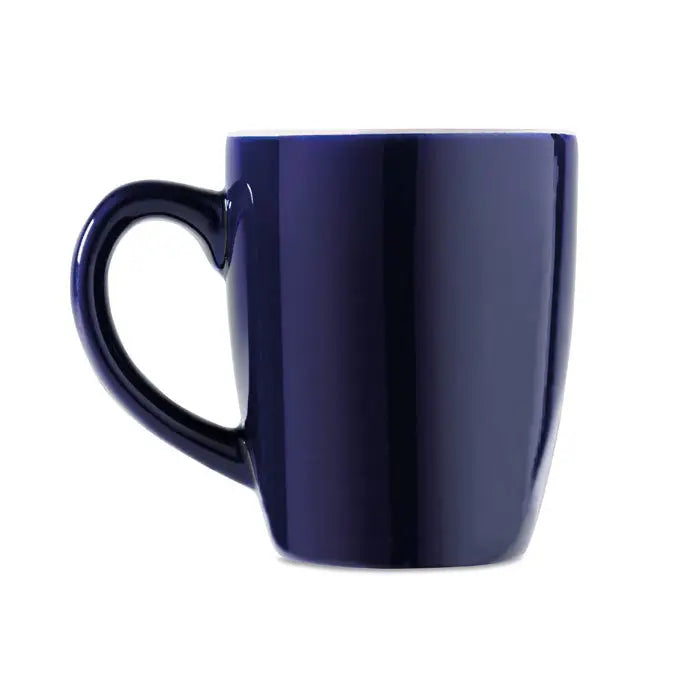 O cana ceramica colorata de 290 ml albastru inchis lucios cu maner rotunjit si suprafata neteda