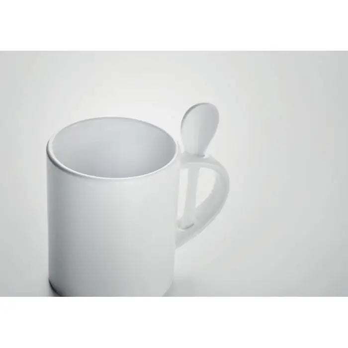 Cană ceramică sublimare 300 ml albă cu linguriță integrată în mâner din ceramică