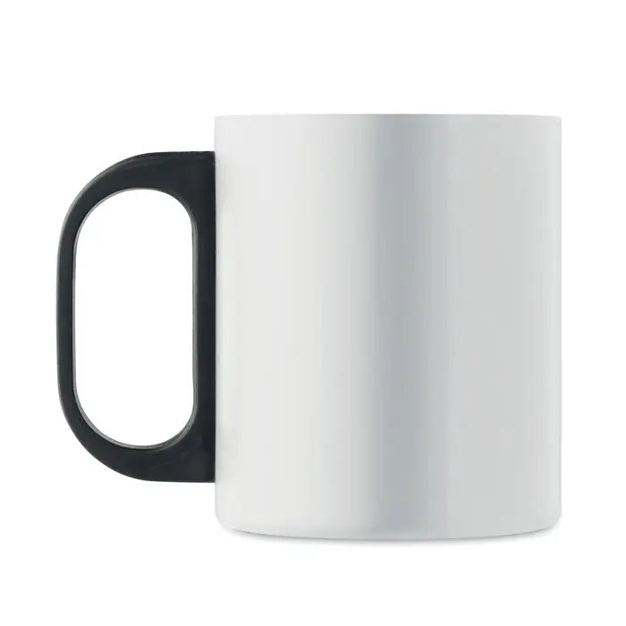 Cana cu perete dublu 300 ml din ceramica alba cu toarta neagra pentru bauturi calde sau reci