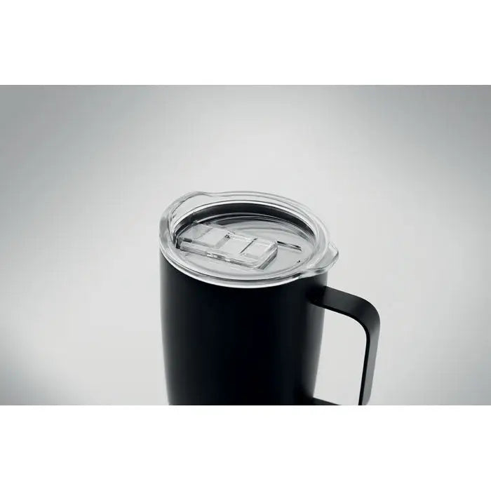 Cana cu perete dublu 300ml din otel negru cu capac din plastic transparent si maner pentru calatorii
