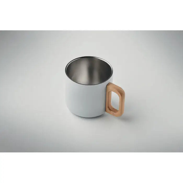 Cana cu perete dublu 350 ml din ceramică albă cu mâner din lemn cald și design minimalist elegant