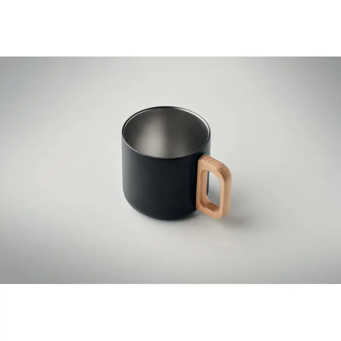 Cana cu perete dublu 350 ml neagra mate cu toarta din lemn deschis pentru bauturi calde si reci