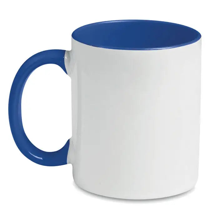 Cană de sublimare colorată albă din ceramică cu margine și mâner albastre îndrăznețe