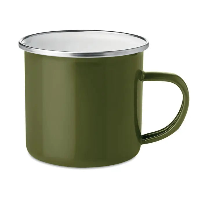 Cana metalica cu strat emailat verde masliniu cu margine si maner argintii pentru camping