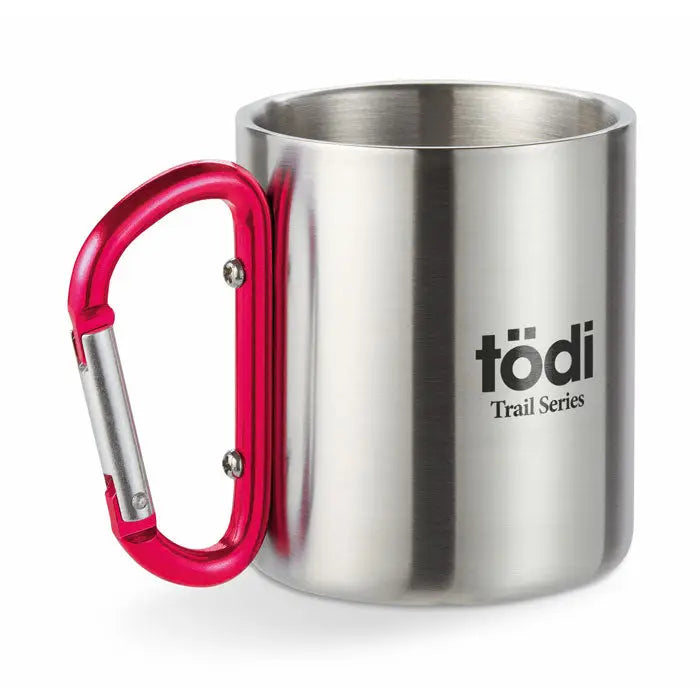 Cana metalica din otel inoxidabil cu maner carabinier rosu si branding tödi trail series negru