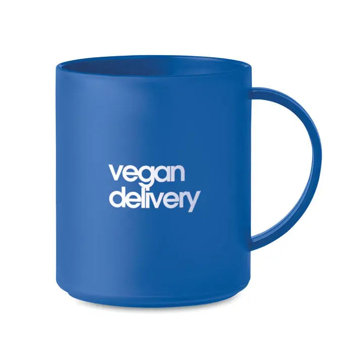 Albastru cana ceramica reutilizabila 300 ml cu text alb vegan delivery pentru livrari vegane