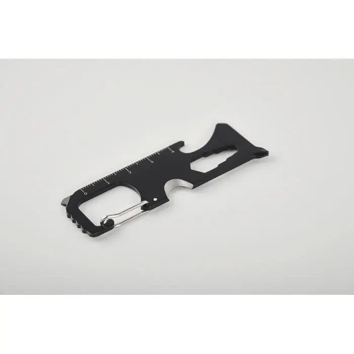 Card de buzunar negru cu mai multe instrumente, carabinieră metalică și riglă integrată