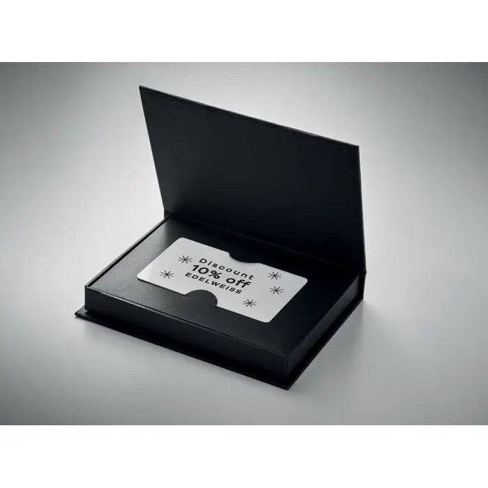 Cutie de card cadou cu card discount argintiu edelsweiss cu text negru si motive stelare