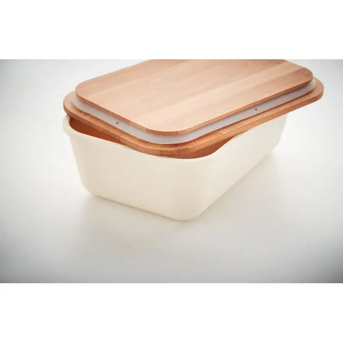 Cutie de pranz crem cu capac din bambus natural și margine din lemn potrivită pentru depozitare