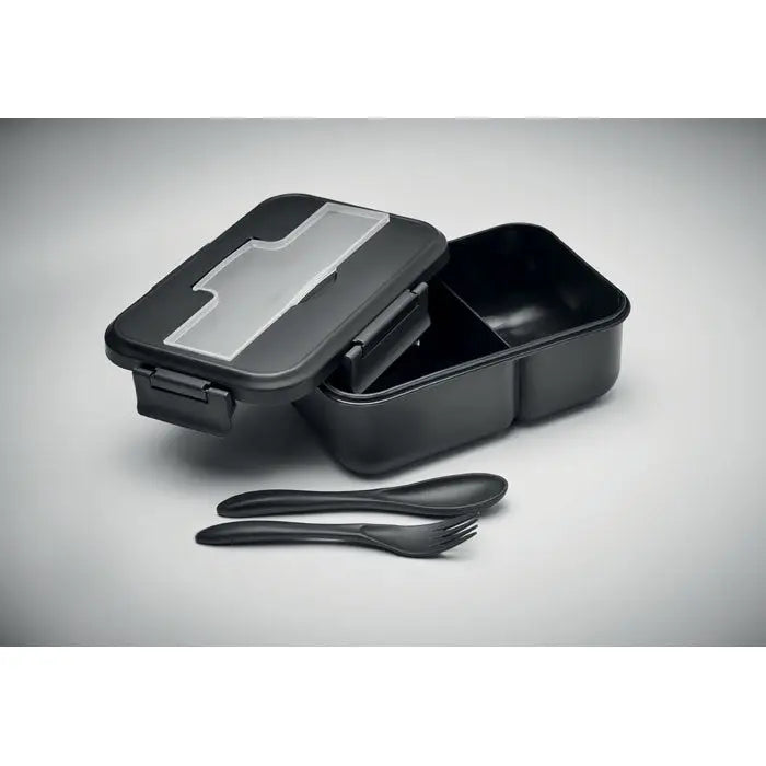 Cutie de pranz din plastic negru cu capac transparent si tacamuri negre din pp pentru mancarea la pachet