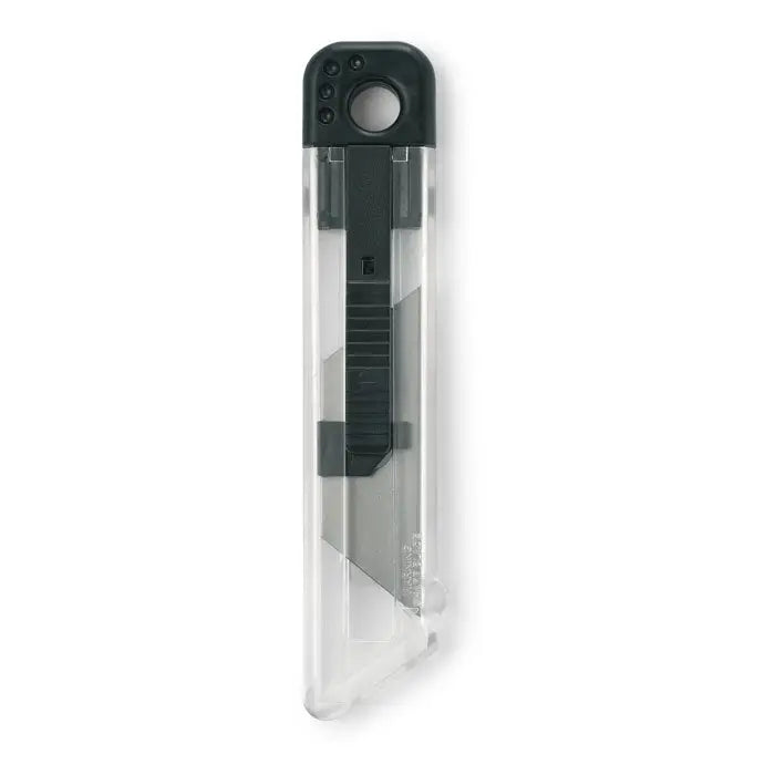 Cutit retractabil cu lama transparenta, maner negru si mecanism de retinere a lamei din plastic clar