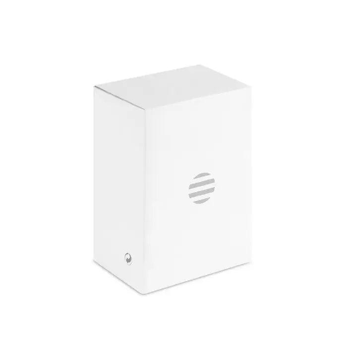 Cutie albă dreptunghiulară cu logo circular și emblemă metalică colț pentru difuzor wireless bamboo de 3w