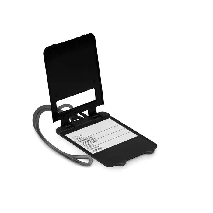 Eticheta pentru bagaje din plastic negru cu curea gri si eticheta alba pentru informatii personale