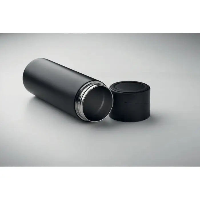 Flacon cu perete dublu 420 ml căldură negru cu finisaj mat și margine metalică argintie