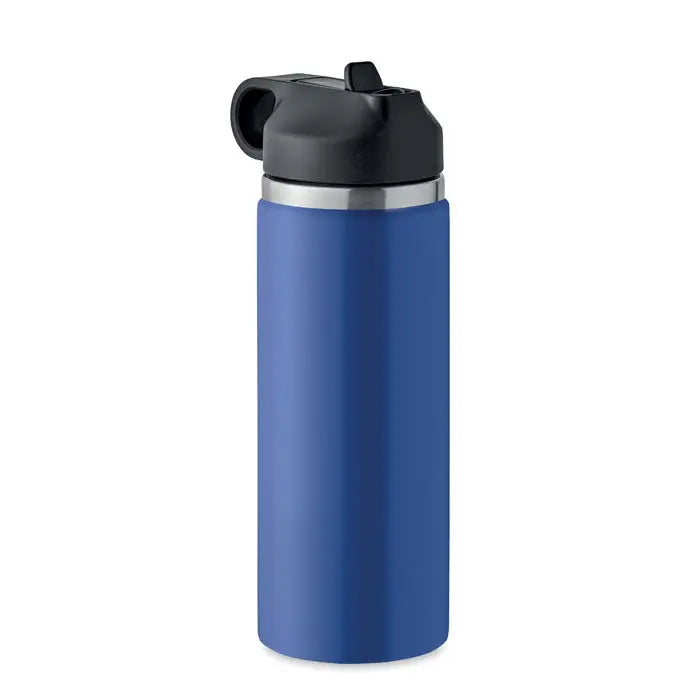 Flacon cu perete dublu albastru de 500 ml cu capac negru rabatabil si inel argintiu pentru lichide izolante