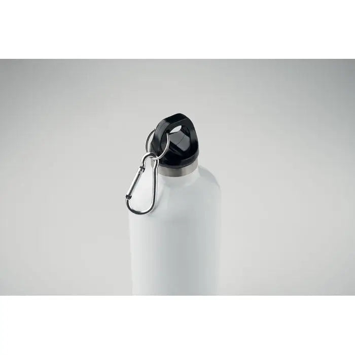 Flacon cu perete dublu de 500 ml din otel inoxidabil alb cu capac negru si carabiniera argintie atasata la capac