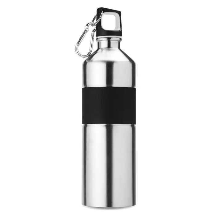 Flacon din otel inoxidabil 750 ml argintiu cu banda neagra antialunecare si capac negru cu carabiniera integrata