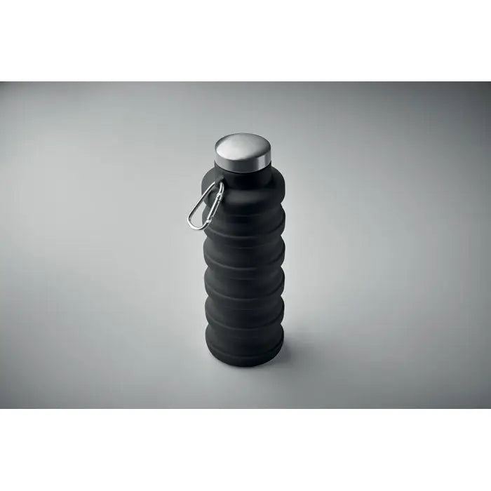 Flacon pliabil de 500 ml negru din silicon cu capac metalic argintiu si clips carabiniera