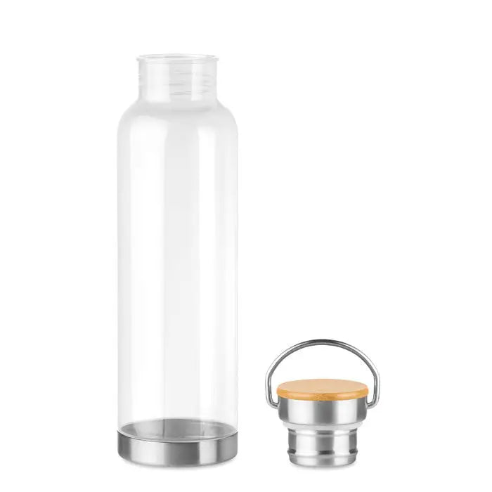Sticlă clară de apă flacon tritan 800ml cu bază și capac din oțel inoxidabil și capac din bambus cu mâner metalic