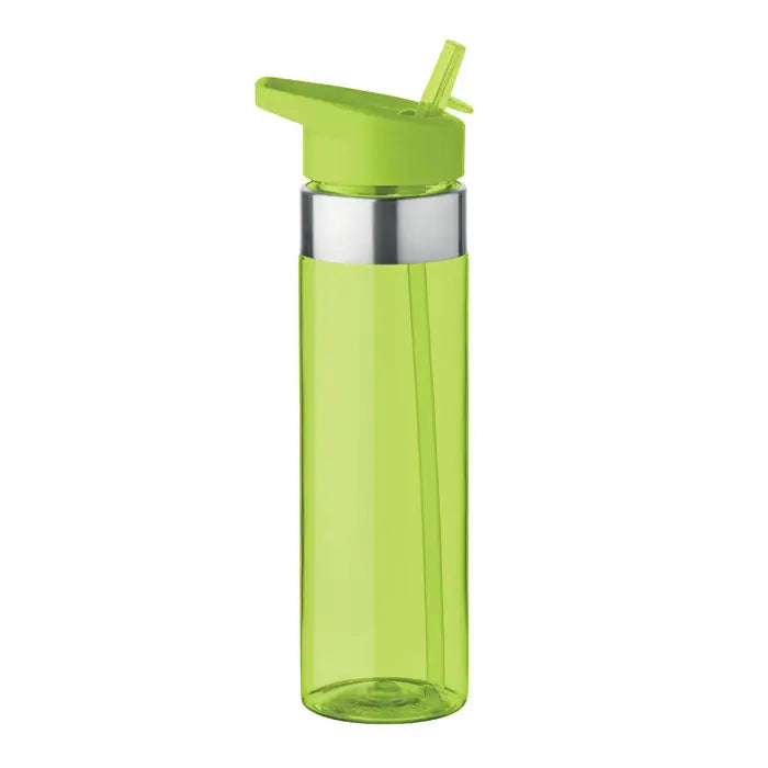 Flacon tritan de 650 ml sticla de apa translucida verde lime cu capac si pai asortate si banda metalica argintie