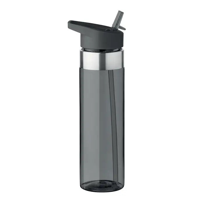Flacon tritan de 650 ml este o sticlă elegantă din plastic translucid gri închis cu capac negru pliabil
