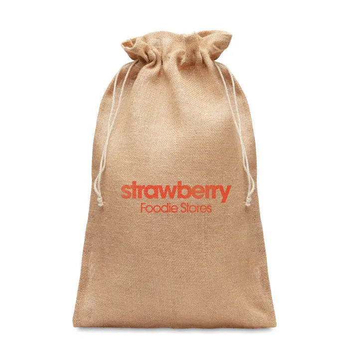 Geanta cadou mare din iuta 30x47 cm bej cu snur si branding portocaliu strawberry food stores