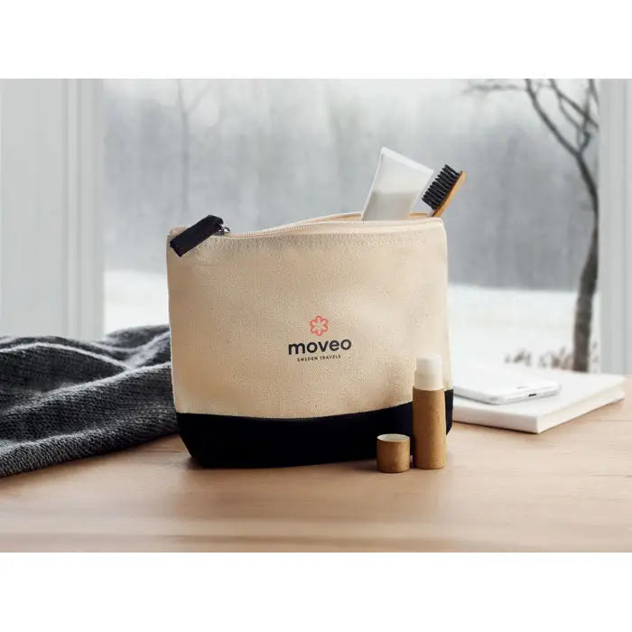 Geanta cosmetica din bumbac bicolor beige si negru cu fermoar si logo moveo rosu si negru