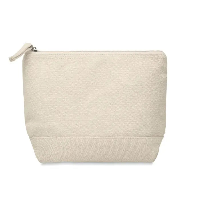 Geanta cosmetica din bumbac bicolor bej cu fermoar si design minimalist cu tab de prindere din material textil