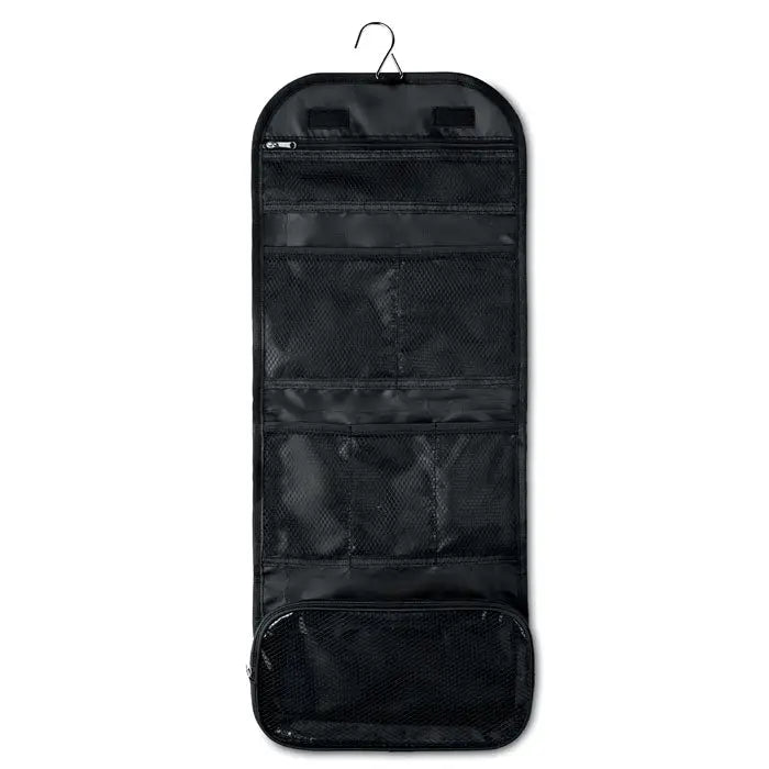 Geanta cu accesorii de calatorie neagra din plasa cu multiple compartimente si fermoar superior