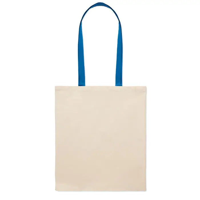 Geanta de cumparaturi din bumbac 140 gr/m² bej cu manere albastre din material contrastant