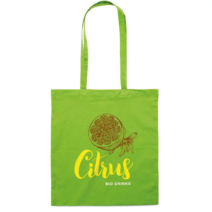 Geanta de cumparaturi din bumbac verde lime cu imprimeu felie de citrice maro si text galben bio drinks
