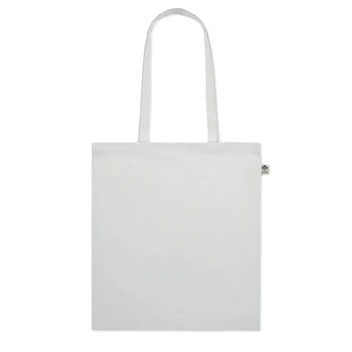 Geanta de cumparaturi din bumbac organic alb cu doua manere asortate si eticheta mica pe lateral