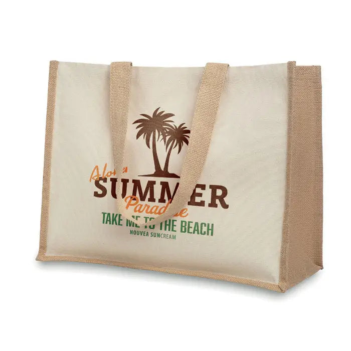 Geanta de cumparaturi din iuta si panza bej cu text maro si verde aloha summer paradise si palmier printat