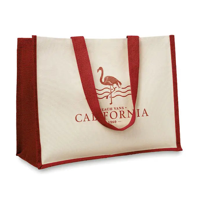 Geanta de cumparaturi din iuta si panza crem cu manere si margini rosii si logo flamingo california 1960